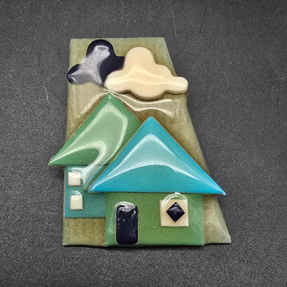 Lucinda House Pin Brooch Blue Green Resin Enamel